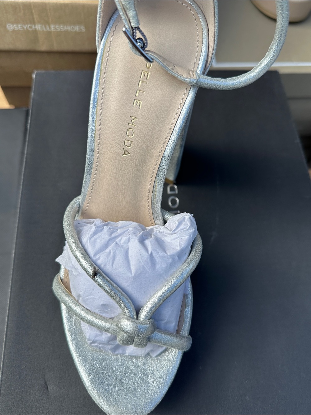 Pelle Moda Metallic Silver Knot-Strap Block Heel Sandal